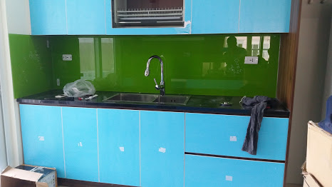 kính ốp bếp màu xanh non