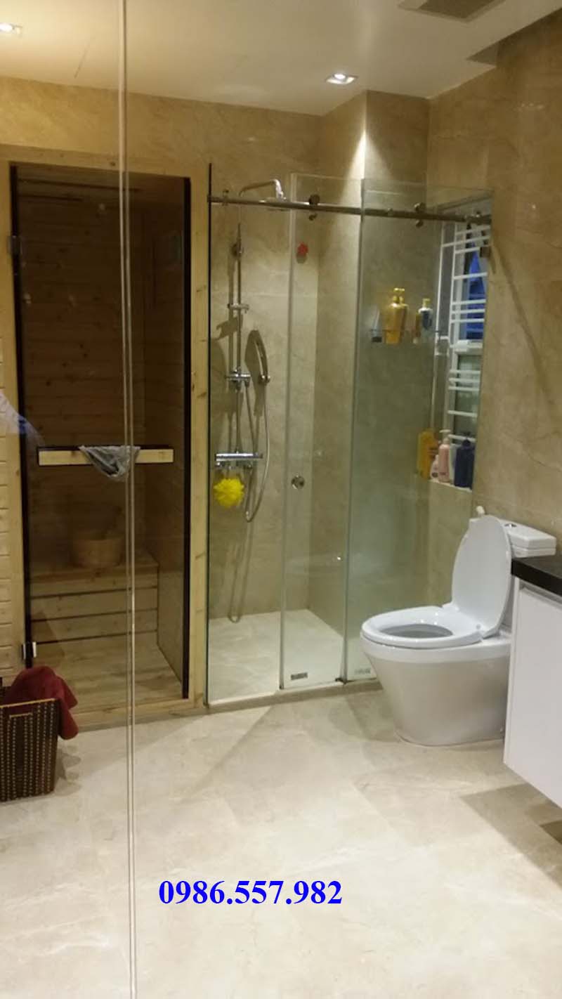 vách tắm kính cường lực mở trượt dùng ray elip
