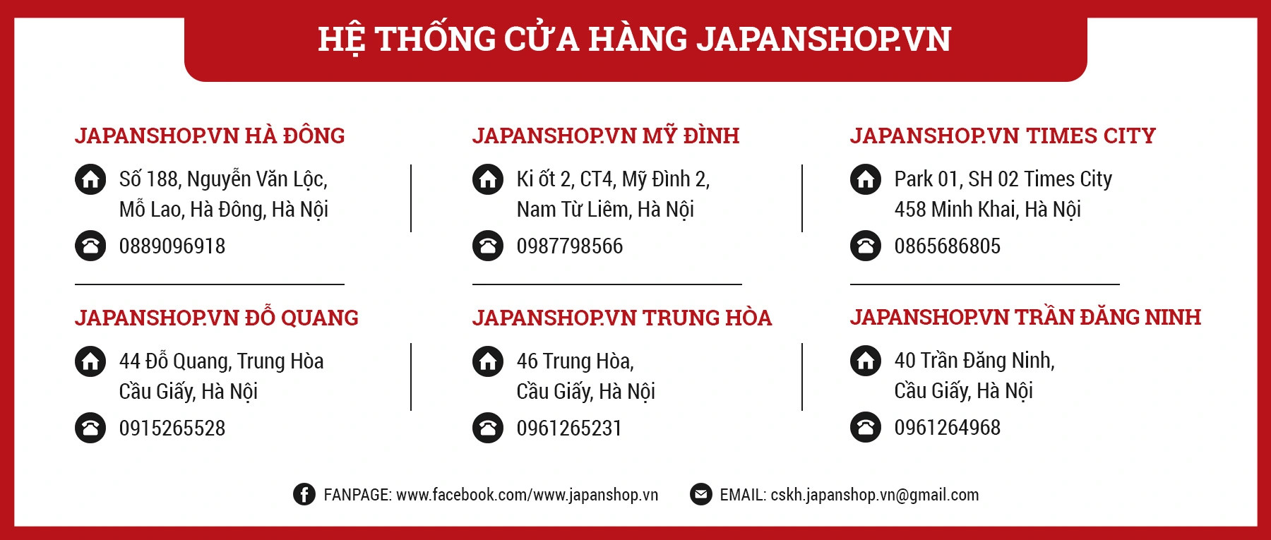 Địa chỉ phân phối của Hệ thống Japanshop.vn