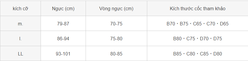 Bảng size áo lót trơn không gọng Gunze TC6155