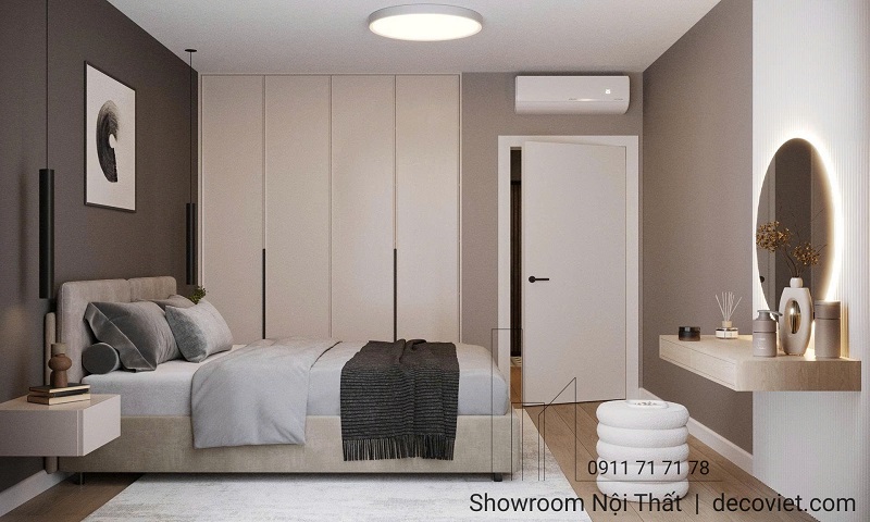 Nội thất phòng ngủ tối giản với tông màu trắng và gỗ ấm.