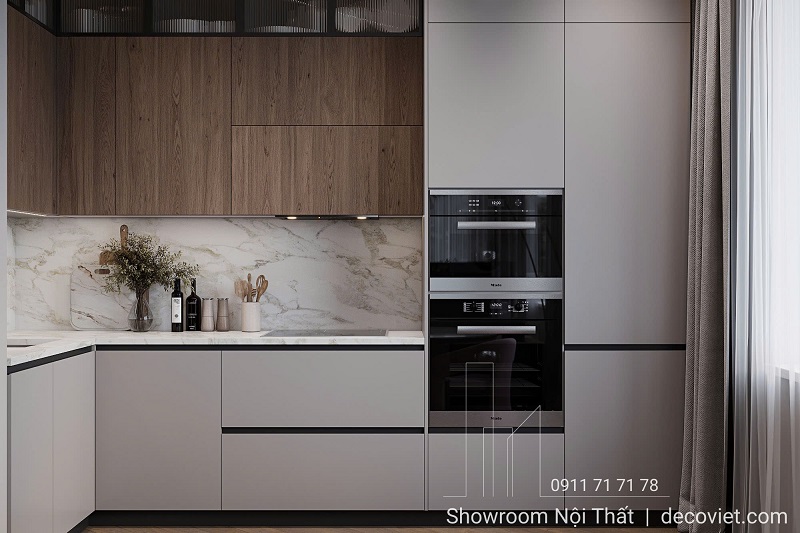 Nội thất bếp hiện đại với gam màu trung tính sang trọng.