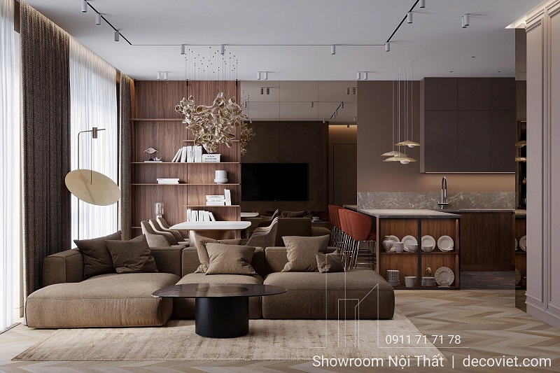 Không gian phòng khách được thiết kế nội thất hiện đại, tinh tế.