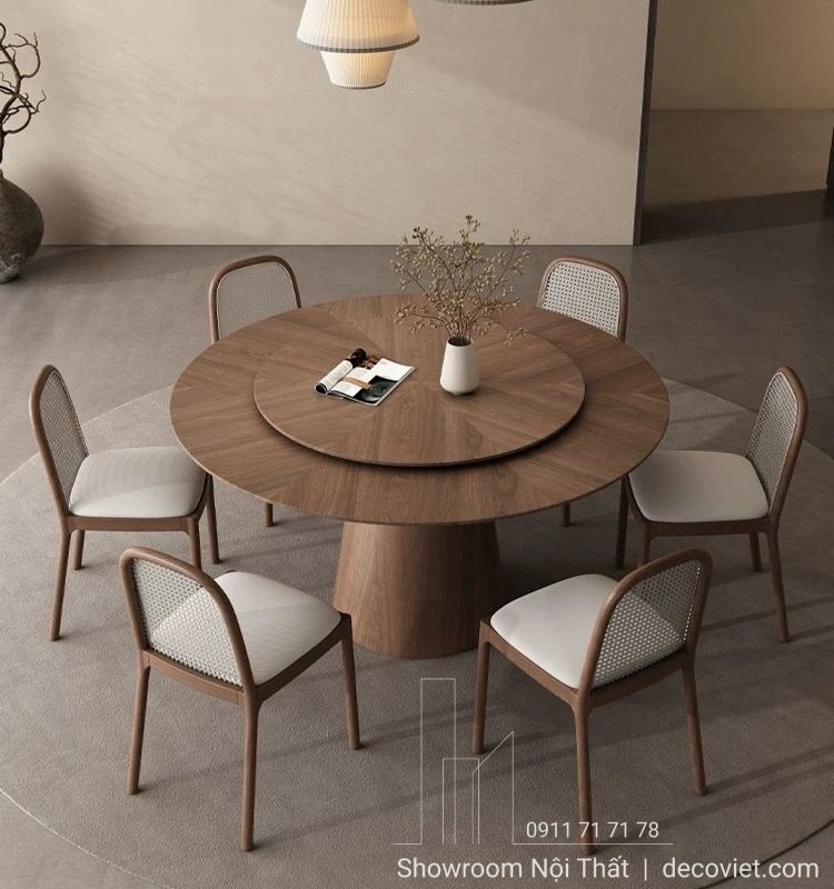 Bàn ăn tròn mặt gỗ cao cấp với thiết kế tinh tế, phù hợp nhiều phong cách nội thất hiện đại.