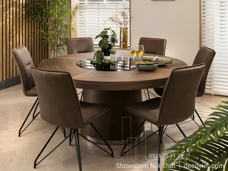 Thiết kế bàn ăn tròn mặt gỗ sang trọng, đáp ứng nhu cầu sử dụng từ 4 đến 12 người