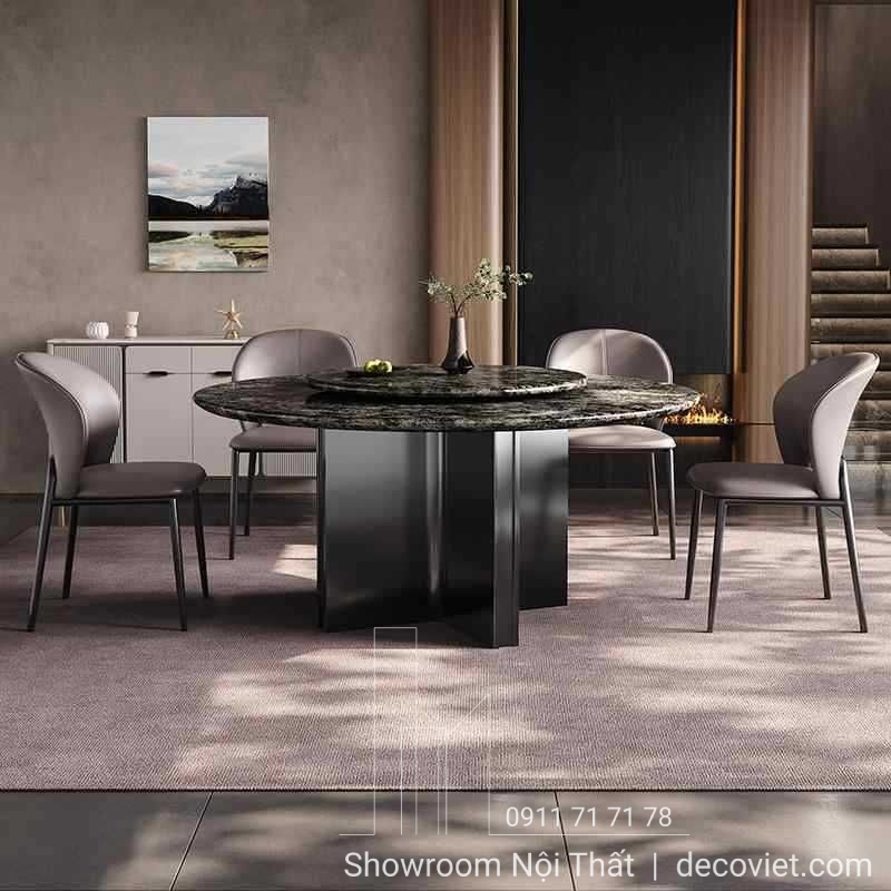 Bàn ăn tròn mặt đá 6 ghế, đường kính tiêu chuẩn cho không gian bếp sang trọng.