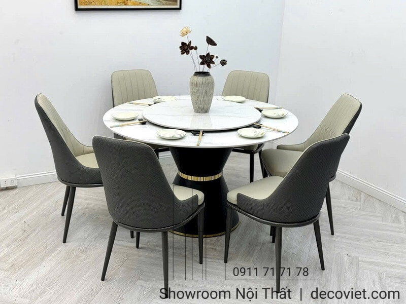 Bàn tròn xoay mặt đá chân trụ 6 ghế hiện đại