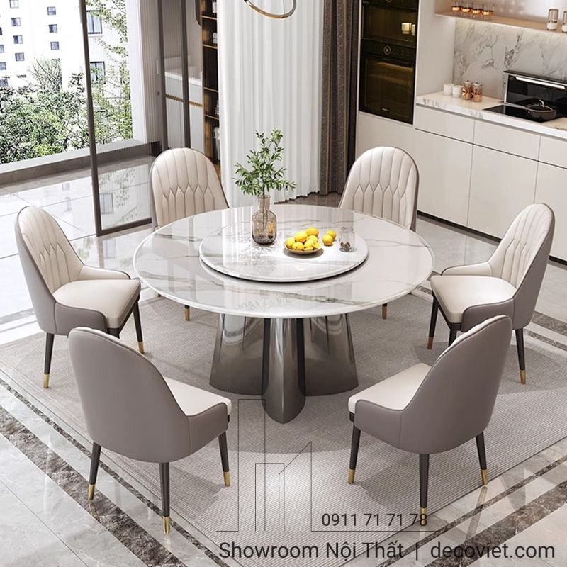 Mẫu bàn tròn mặt đá 6 ghế tông trắng kem sang trọng.