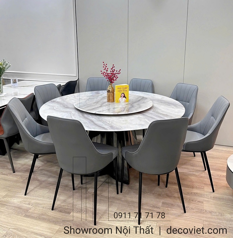 Bàn tròn 8 ghế chân inox mặt đá cẩm thạch tự nhiên