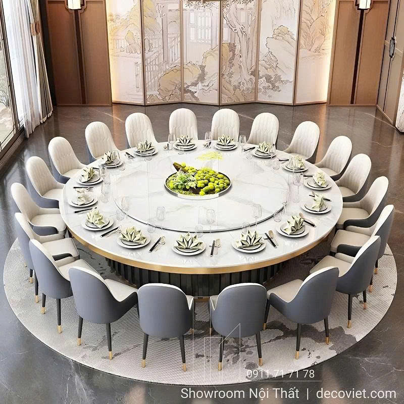 Bàn ăn tròn 20 ghế cho nhà hàng – đường kính lớn 3m, chuẩn tiêu chuẩn cao cấp.