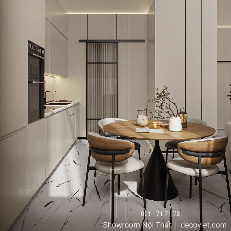 Bàn ăn tròn 4 ghế, đường kính 1m2 – 1m4, phù hợp căn hộ nhỏ.