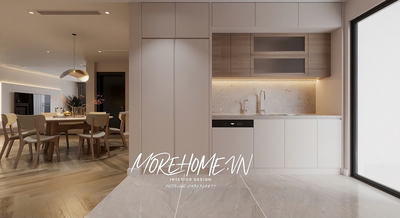 Bếp ăn gọn gàng với thiết kế mở, phù hợp không gian căn hộ vừa và nhỏ.