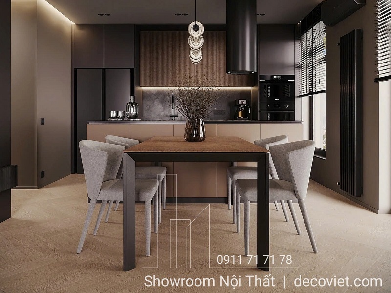 Không gian bếp ăn hiện đại, phối màu hài hòa, phù hợp cho căn hộ