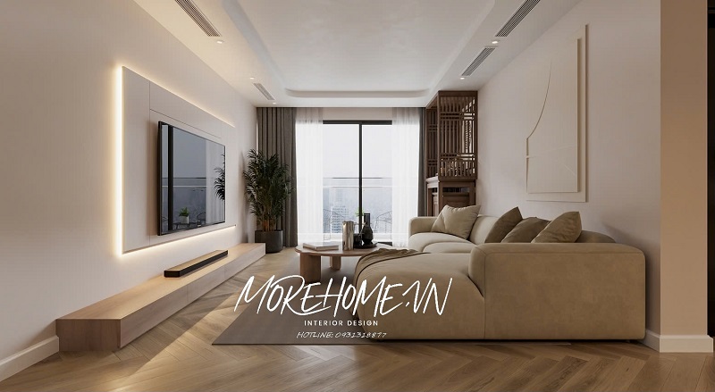 Phòng khách căn hộ cao cấp, thiết kế âm tường hiện đại, tone màu trung tính.