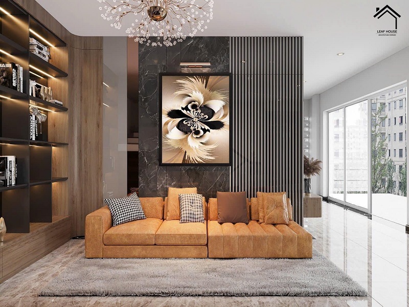 Phòng khách thiết kế nổi bật với điểm nhấn màu sắc và bố cục ấn tượng.