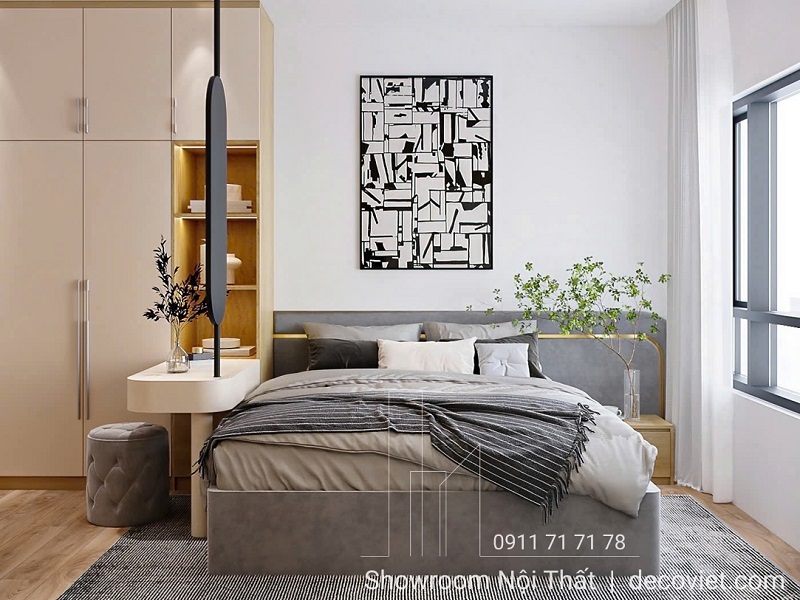 Phòng ngủ trẻ trung, phối màu trung tính, phù hợp với người trẻ hiện đại.