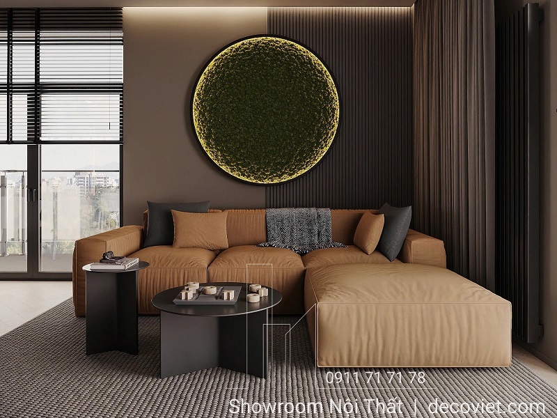 Thiết kế phòng khách sang trọng với nội thất gỗ ấm và thiết kế hiện đại.