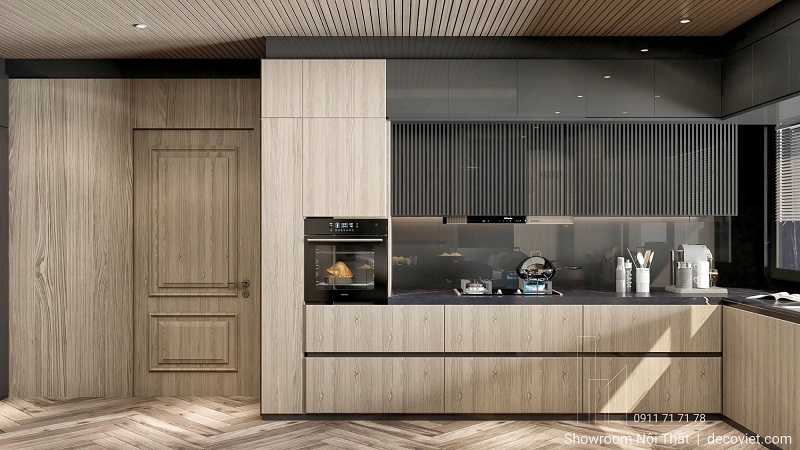 Tủ bếp gỗ công nghiệp giúp chống ẩm tốt, bền đẹp theo thời gian.