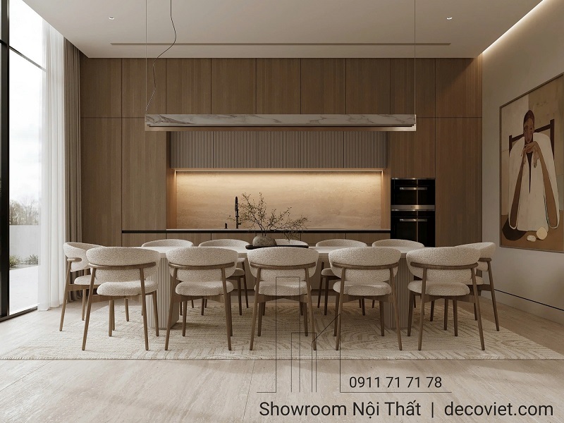 Mẫu tủ bếp gỗ cao cấp với đường nét tối giản, phù hợp cho cả căn hộ và nhà phố