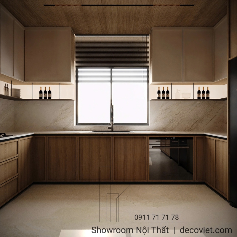 Không gian bếp tinh tế với tủ bếp cánh phẳng – đơn giản nhưng sang trọng