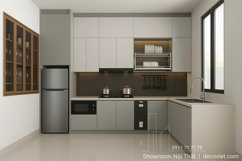 Tủ bếp gỗ công nghiệp thiết kế âm tường hiện đại, tận dụng tối đa chiều cao trần nhà