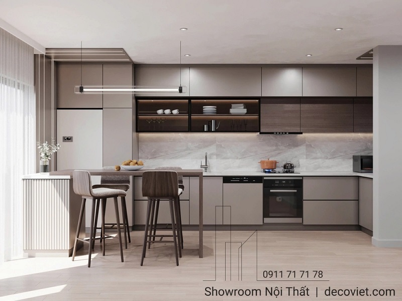 Mẫu tủ bếp Biên Hòa thiết kế theo phong cách tối giản, sử dụng tone gỗ trầm hiện đại