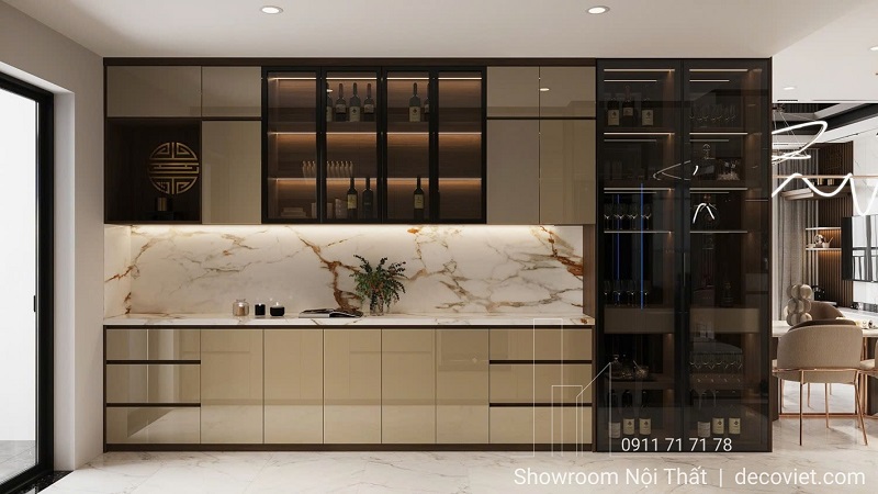 Tủ bếp gỗ melamine vân gỗ tự nhiên, chống ẩm tốt và dễ dàng vệ sinh.