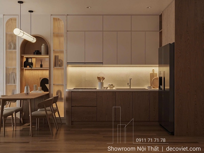 Không gian bếp sang trọng với tủ bếp gỗ tự nhiên