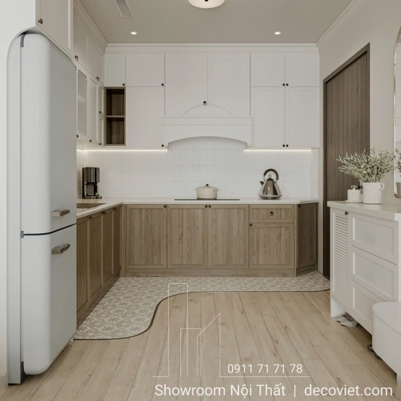 Mẫu tủ bếp gỗ công nghiệp chữ L thiết kế hiện đại, phù hợp căn hộ chung cư diện tích trung bình