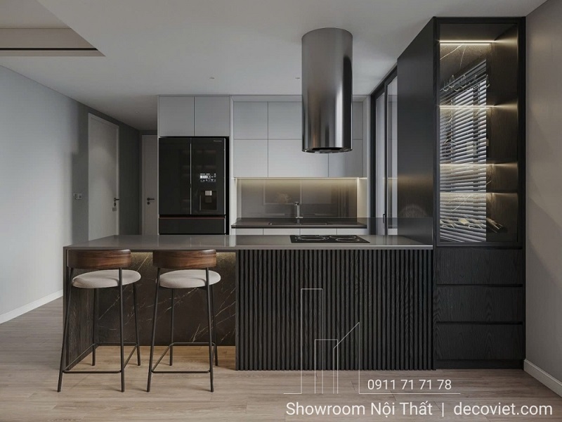 Thiết kế tủ bếp kết hợp quầy bar gỗ hiện đại, tạo điểm nhấn cá tính cho không gian sống.