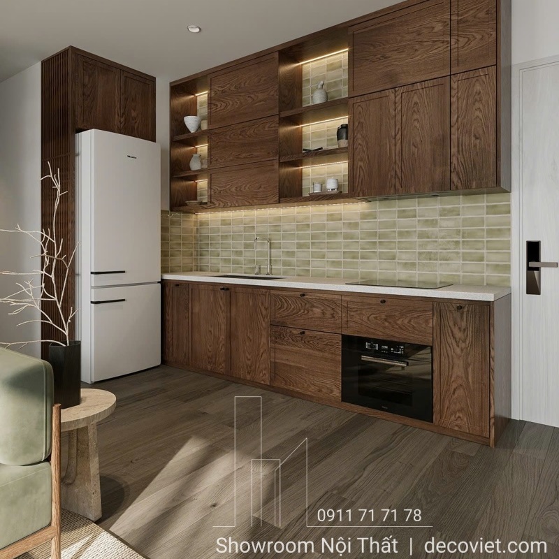 Mẫu tủ bếp chữ I nhỏ gọn, tích hợp đầy đủ công năng cho nhà phố diện tích hẹp