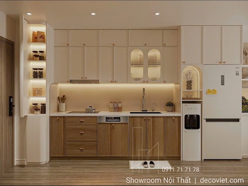 Tủ bếp chữ I gọn gàng, tiết kiệm không gian cho chung cư nhỏ.