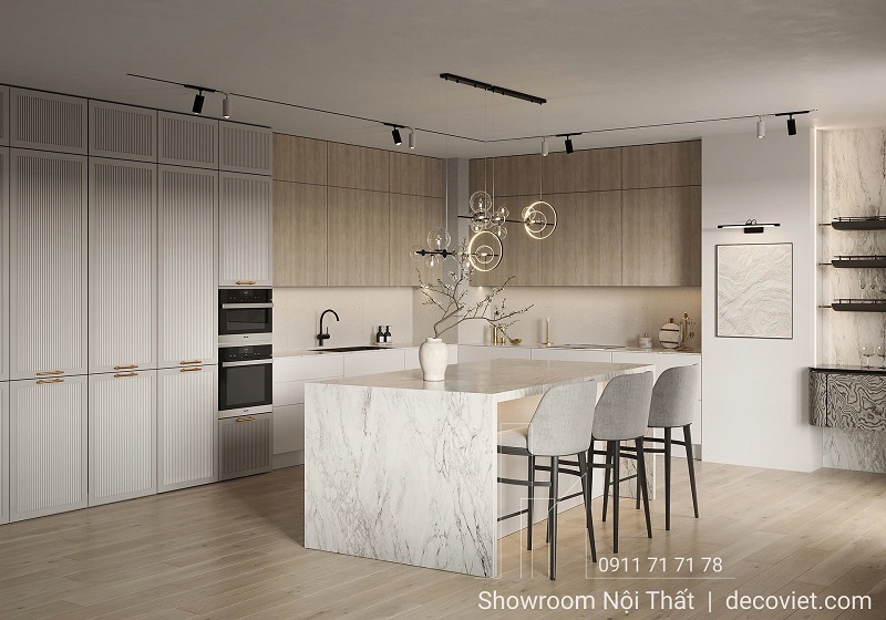 Thiết kế tủ bếp gỗ có đảo bếp hiện đại, tiện nghi.