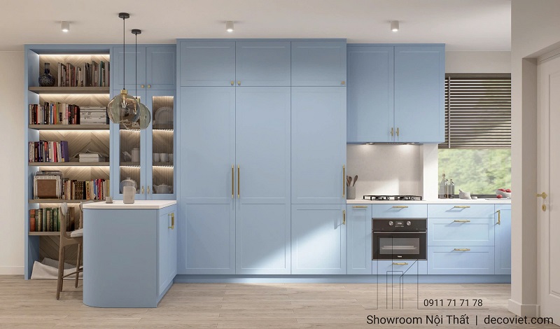 Tủ bếp gỗ giá rẻ màu xanh hiện đại cho căn hộ nhỏ.