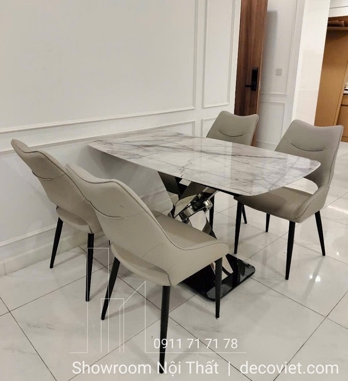 bàn ăn chân inox mặt đá hiện đại