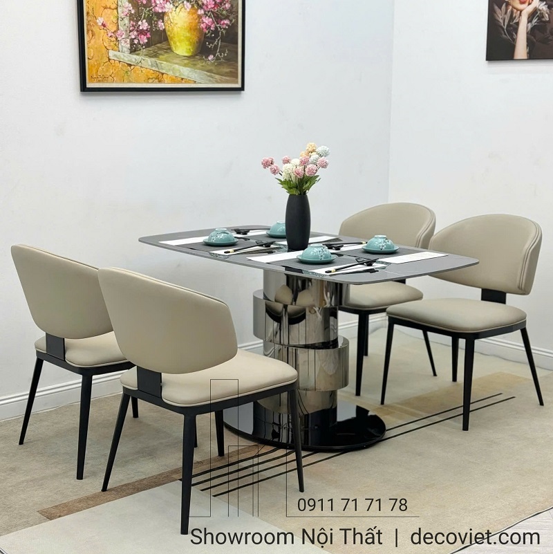 bàn ăn chân inox mặt đá 4 ghế