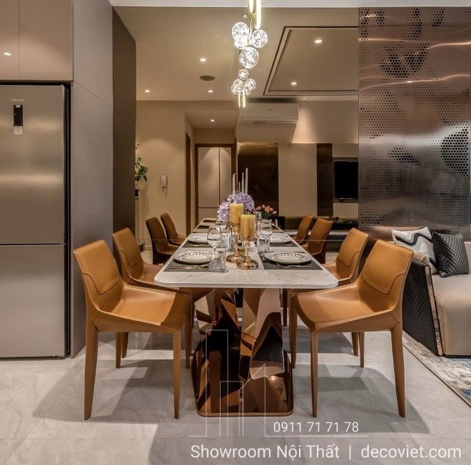 Không gian phòng ăn căn hộ đẹp với bàn ăn mặt đá cao cấp
