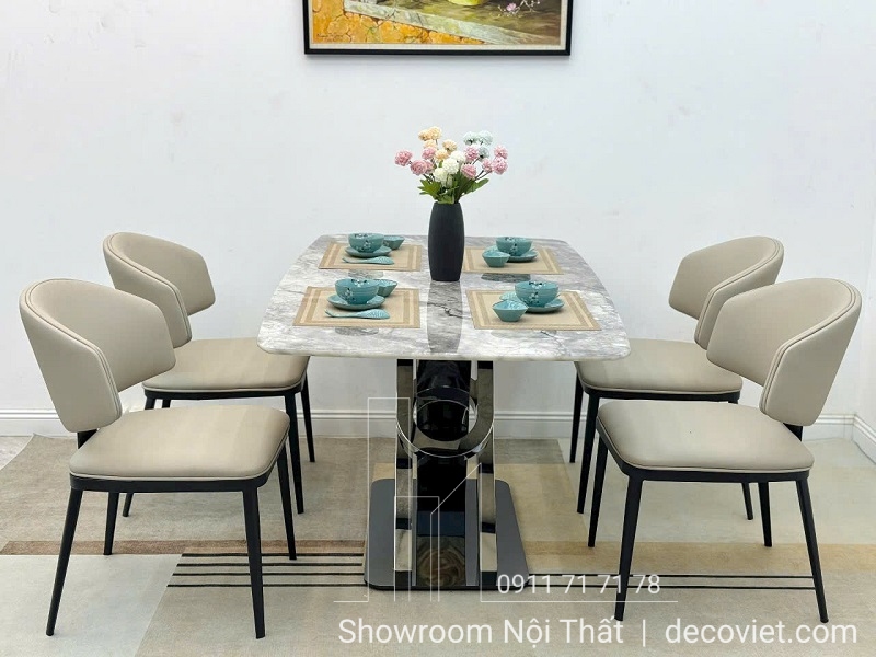 bàn ăn chân inox mặt đá tự nhiên sang trọng