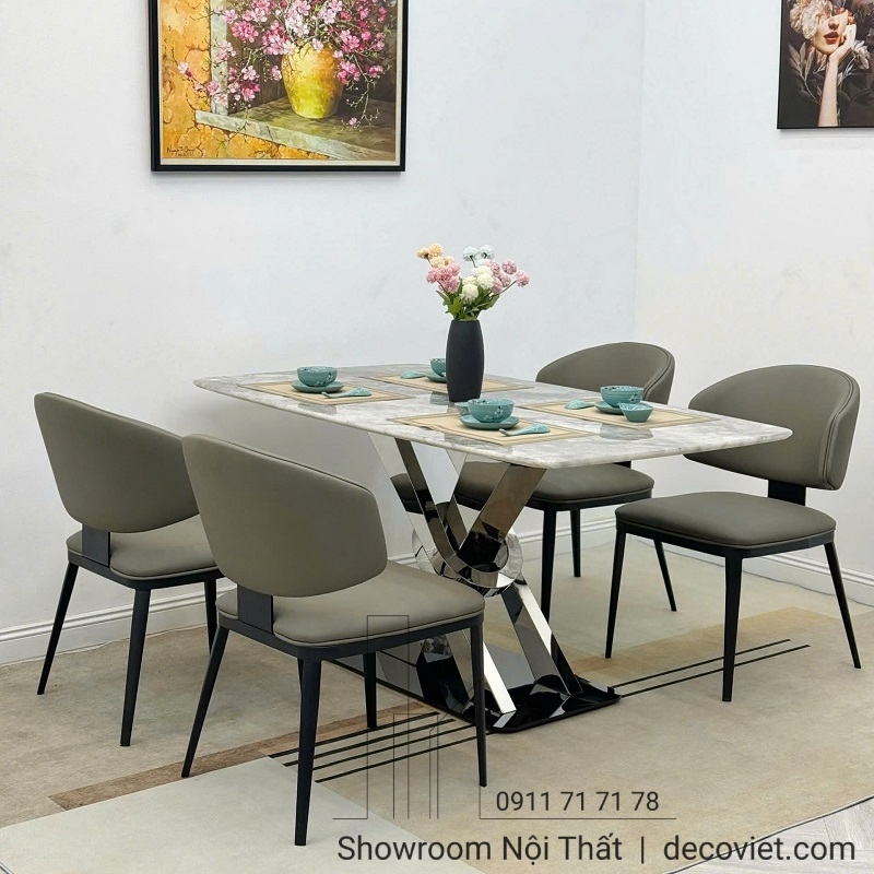 bàn ăn 4 ghế chân inox mặt đá