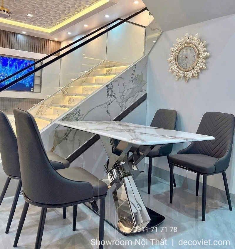 bàn ăn chân inox 4 ghế mặt đá