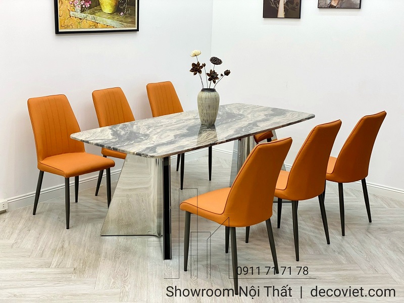 bàn ăn chân inox mặt đá cẩm thạch