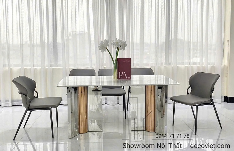 bàn ăn chân inox mặt đá 6 ghế