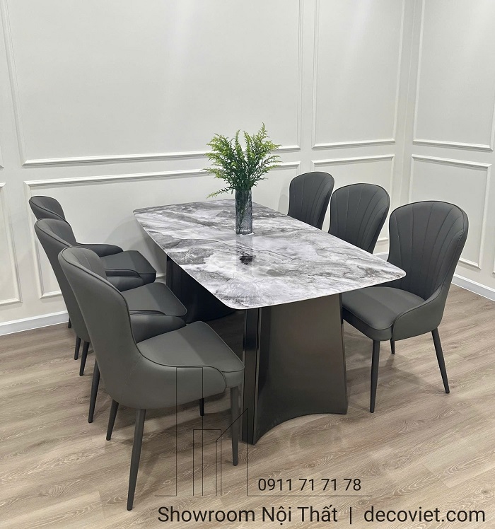 Bộ bàn ăn mặt đá hiện đại phối ghế ăn bọc da sang trọng