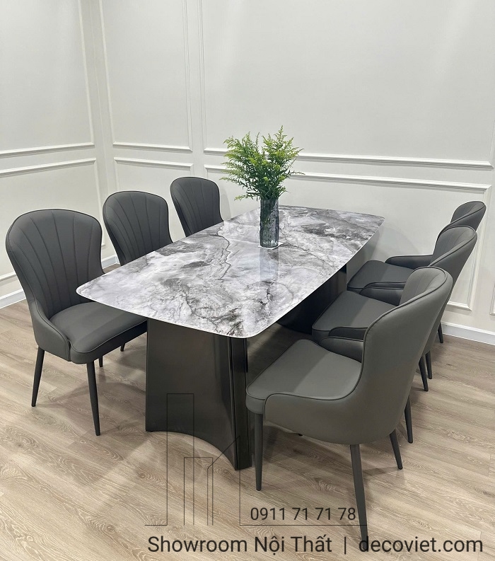 Bàn ăn 6 ghế chân inox mặt đá vân mây đẹp hiện đại tại DecoViet