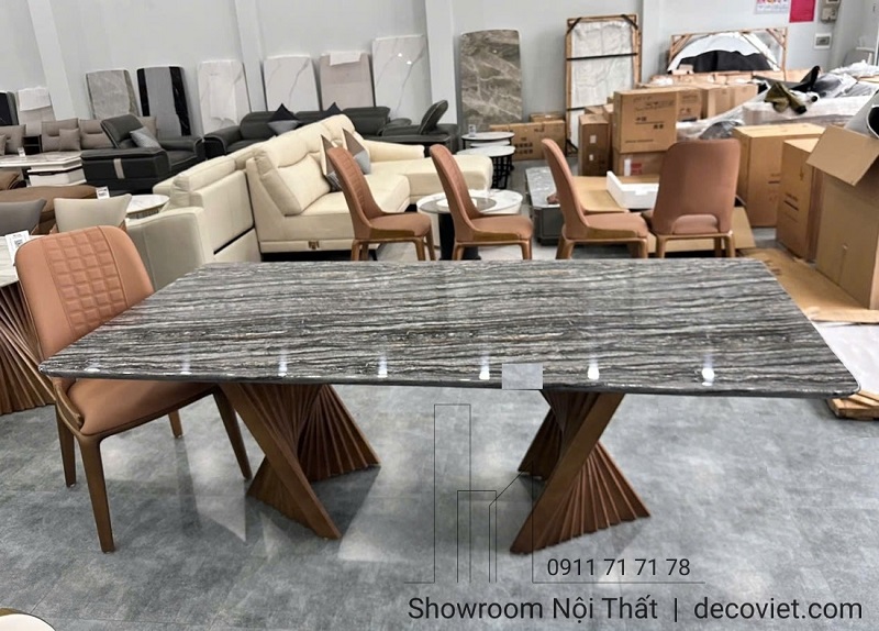 bàn ăn chân gỗ mặt đá sang trọng