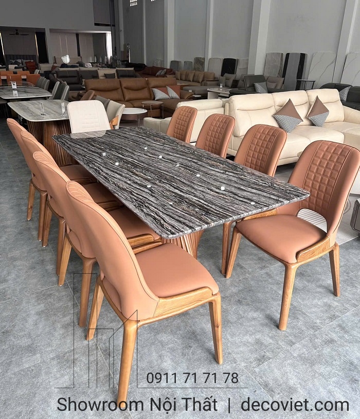 bàn ăn mặt đá chân gỗ 8 ghế