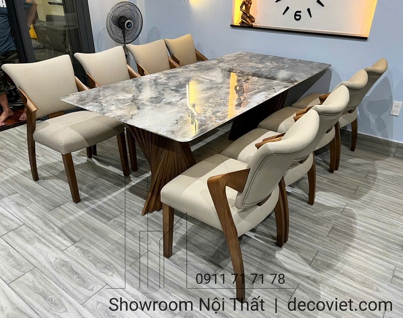 bàn ăn 8 ghế mặt đá chân gỗ