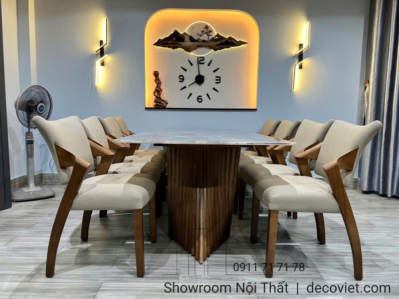 bàn ăn mặt đá chân gỗ 8 ghế