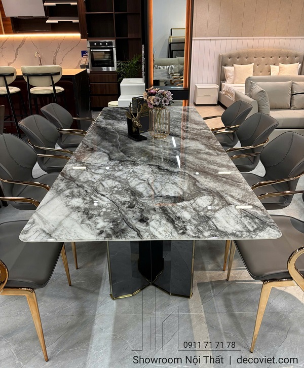 bộ bàn ăn chân inox mặt đá 8 ghế
