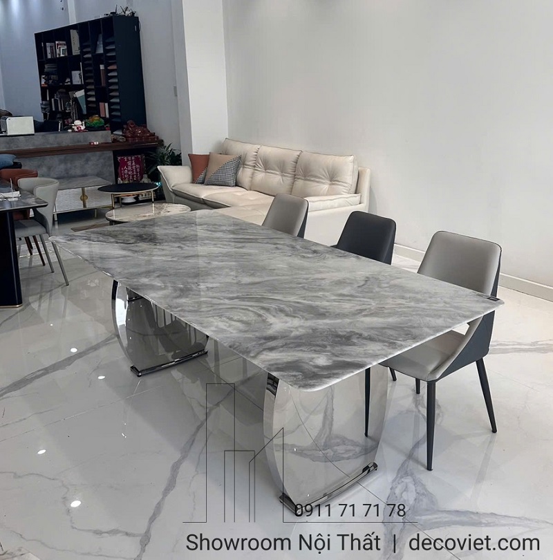 bàn ăn mặt đá cẩm thạch tự nhiên chân inox